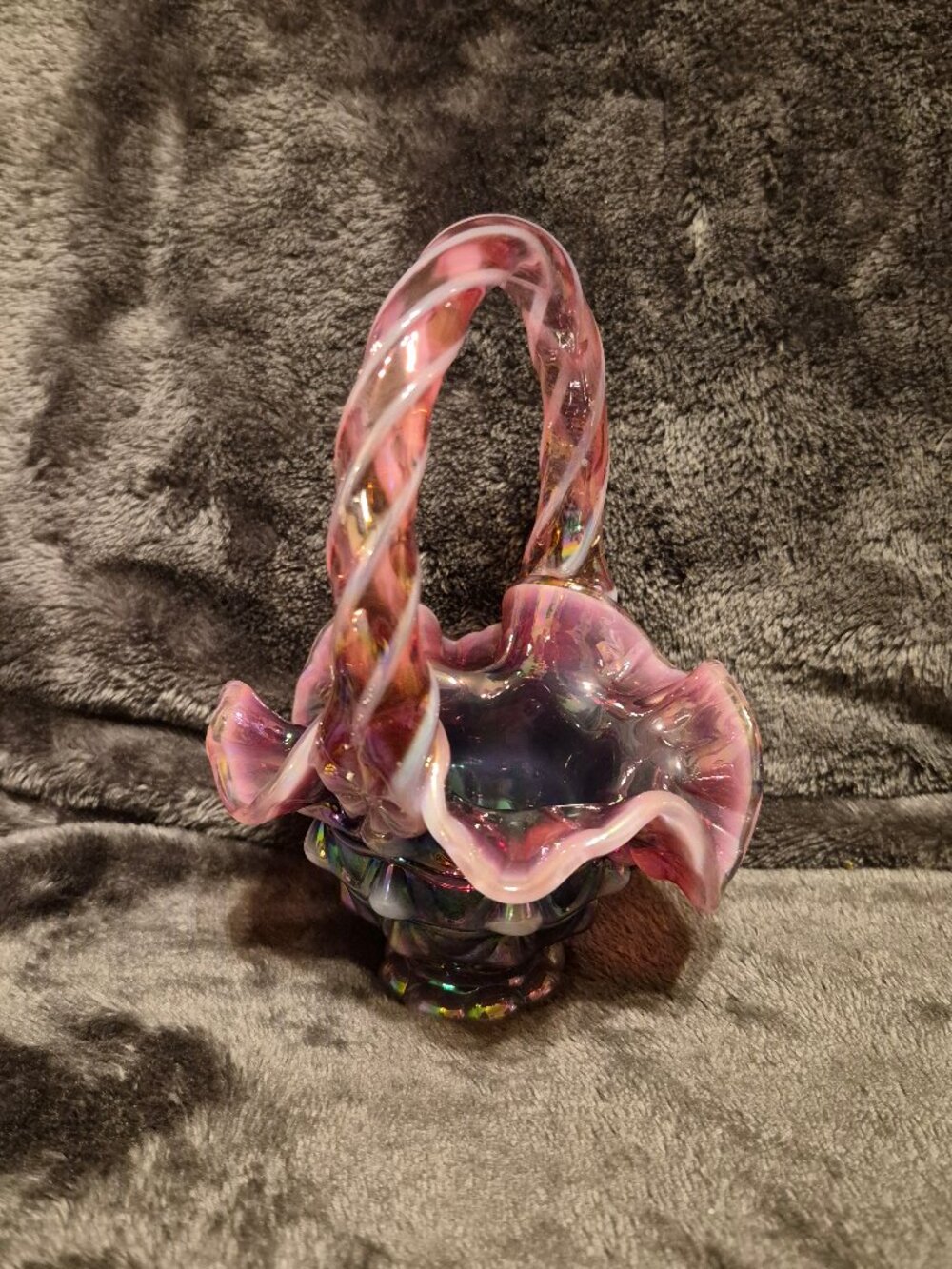 FENTON PLUM OPALESCENT MINI MINIATURE RUFFLED DRAPERY BASKET SWIRL HANDLE